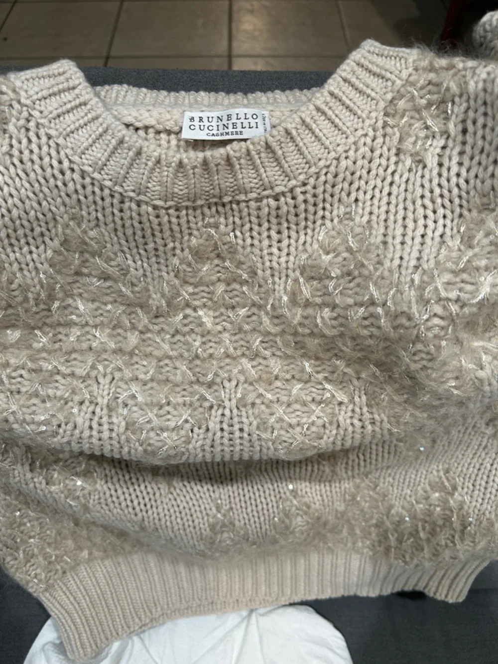Brunello Cucinelli Cream Cashmere Crewneck Sweater with Metallic Stitching - Picture 1 of 5